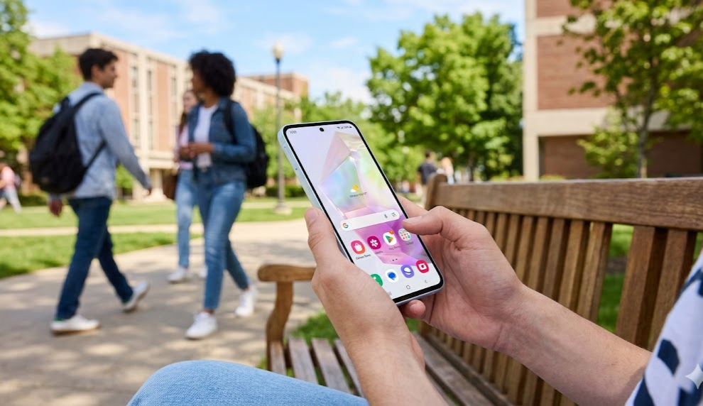 Samsung Galaxy A35 5G on a campus bench
