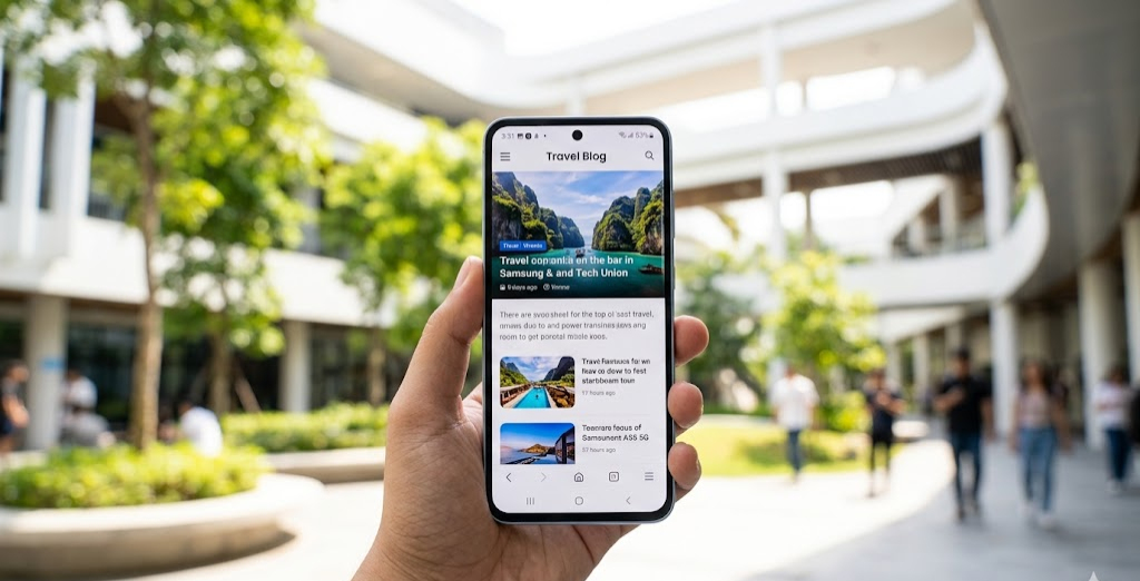 Samsung Galaxy A55 5G held in hand with the screen on, shot outdoors on a university campus — bright natural light, slightly blurred green background, premium lifestyle feel