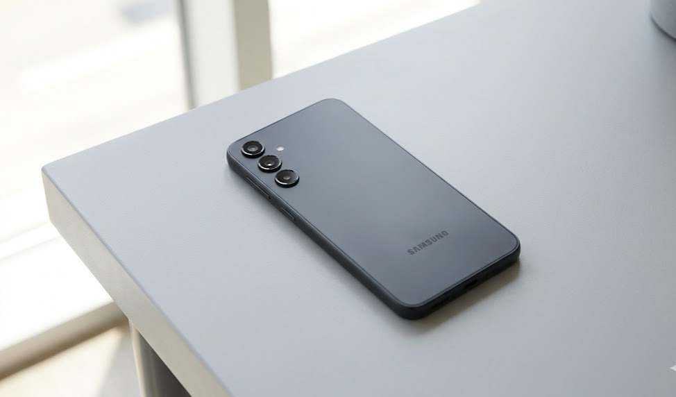 Best budget Samsung camera phone Galaxy A16 5G rear camera module on a flat desk in natural light