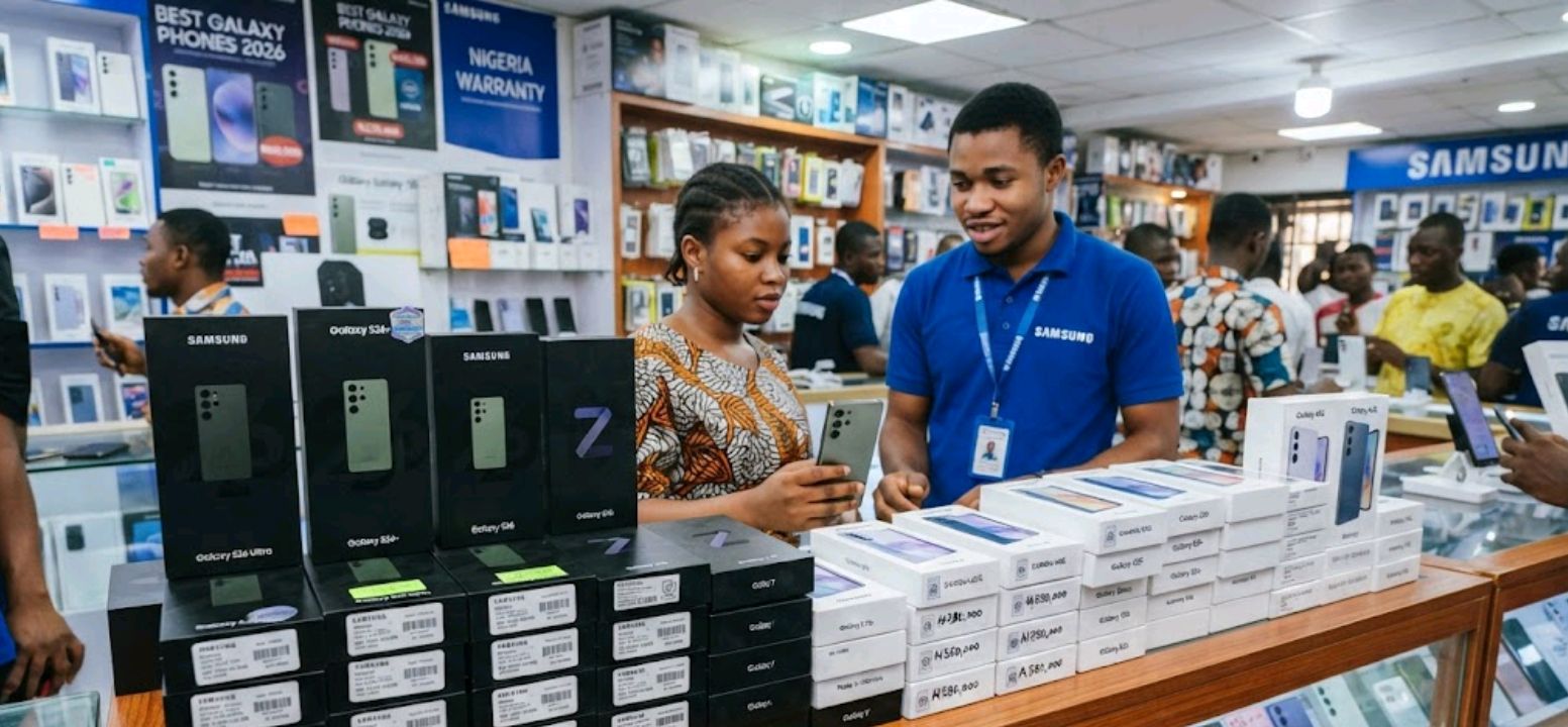 Nigerian phone shop display counter with multiple Samsung Galaxy boxes stacked
