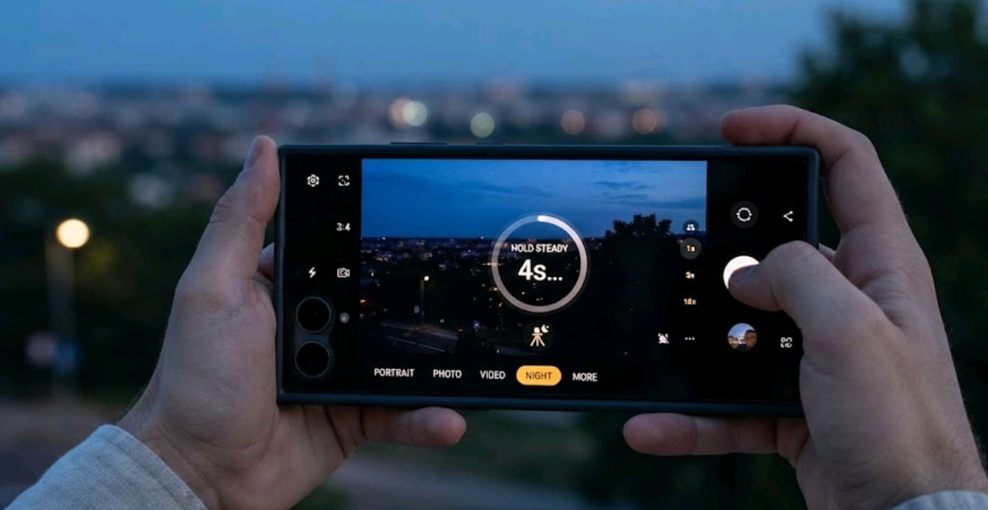 Samsung camera app mode carousel at dusk with Night mode manually selected