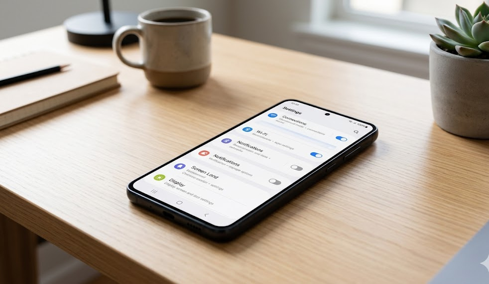 Samsung Galaxy A55 showing clean One UI interface on a desk