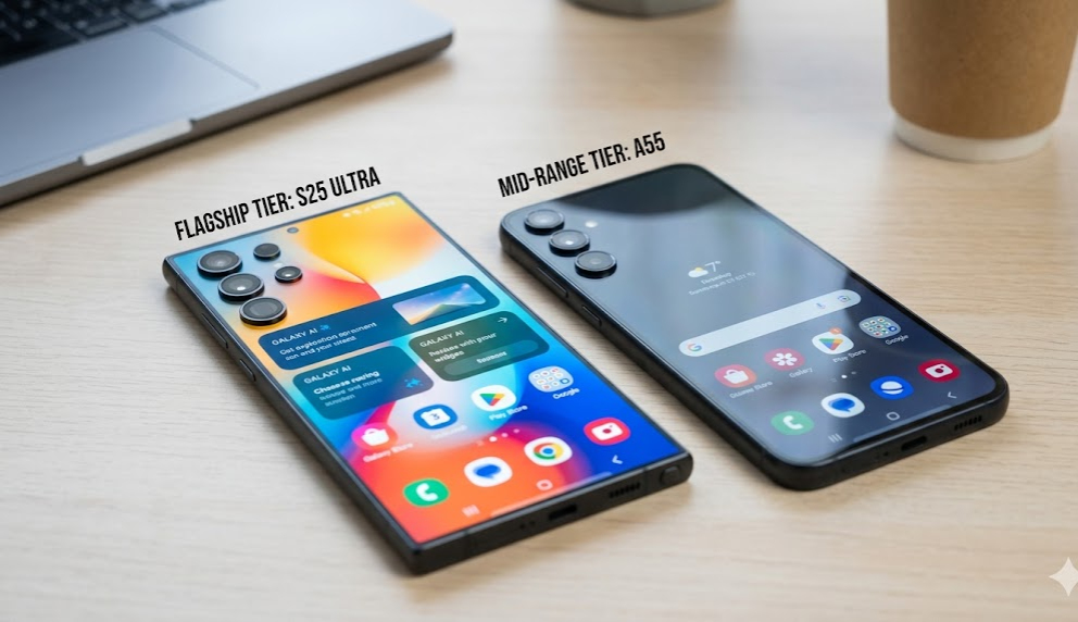 Samsung performance comparison showing Galaxy S25 Ultra and Galaxy A55 side by side