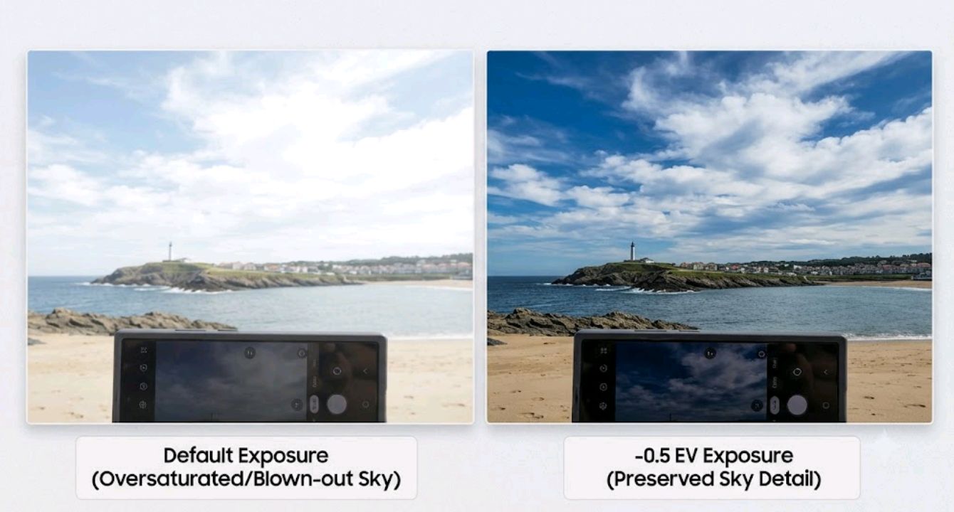 Comparison of a Samsung photo at default exposure versus -0.5 EV showing preserved cloud detail