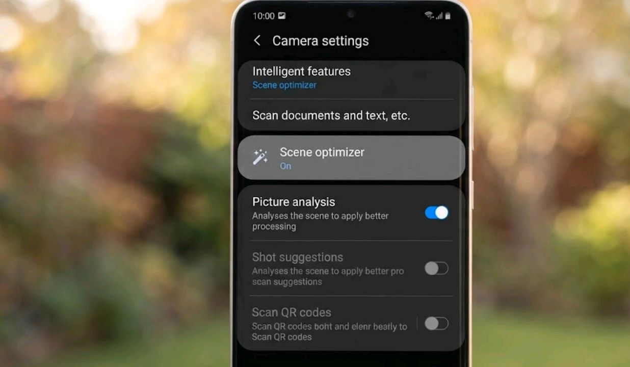 Camera settings menu showing the Scene optimizer Picture analysis toggle