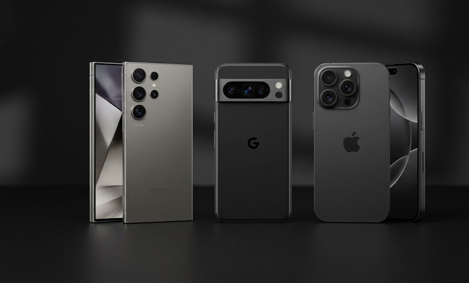 Samsung Galaxy S26 Ultra, Google Pixel 10 Pro, and iPhone 17 Pro Max side by side on a dark surface