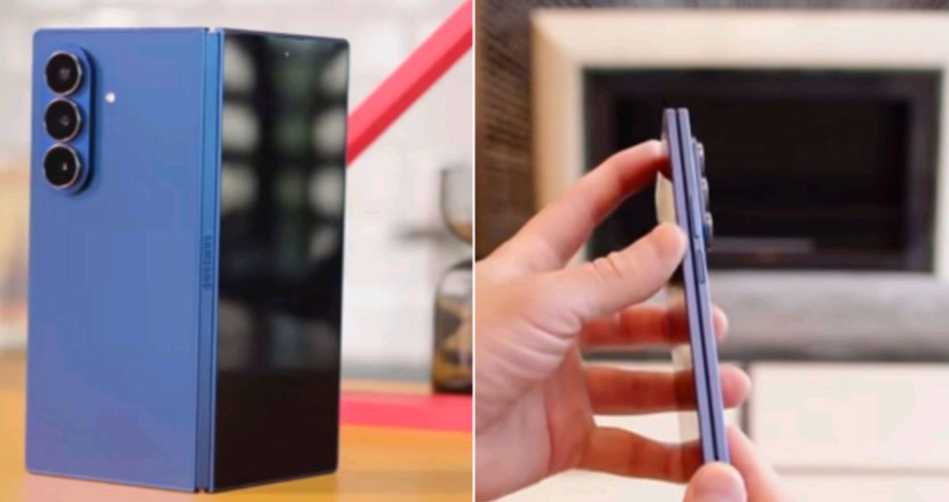 Samsung Galaxy Z Fold 7 folded and unfolded side by side on a wooden table