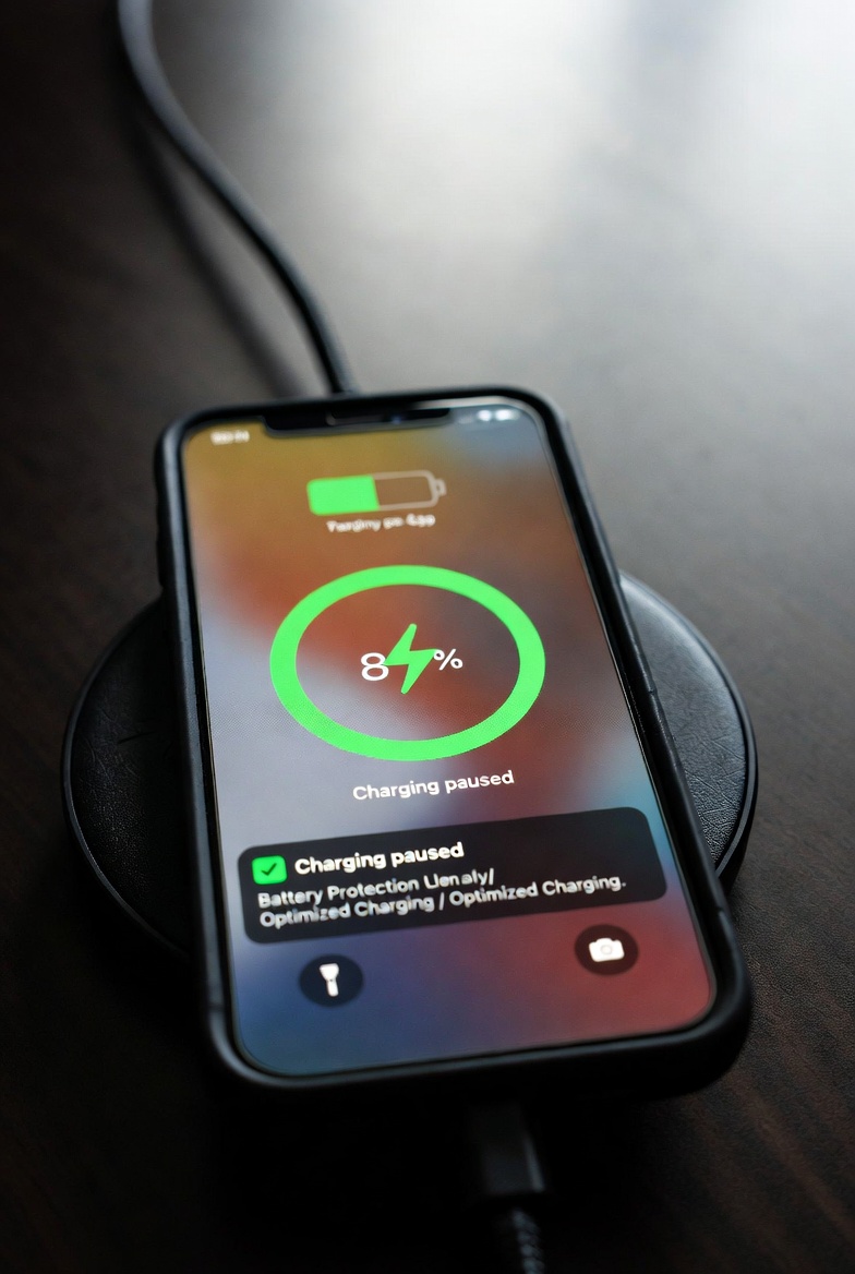 Smartphone on charging station showing 85% battery with smart charging protection enabled