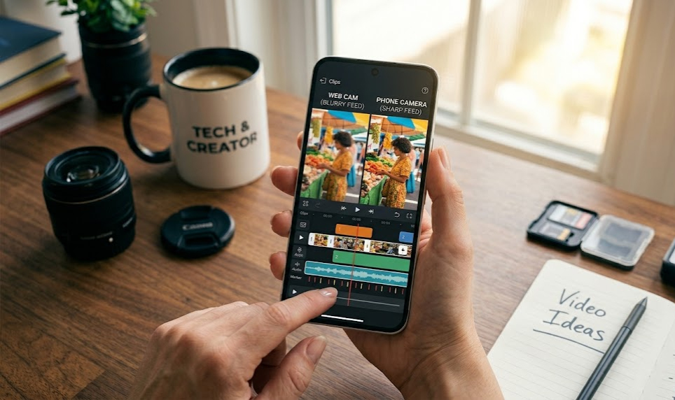 Splice video editor timeline on Android showing beat-sync markers and clip handles