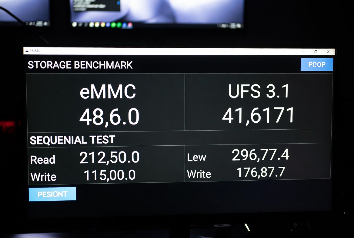 A side-by-side showing app load times on eMMC vs UFS 3.1 storage under RAM pressure