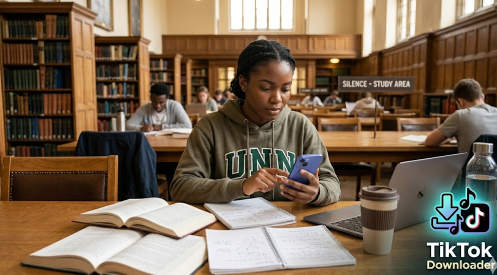 Student working on iPhone in library