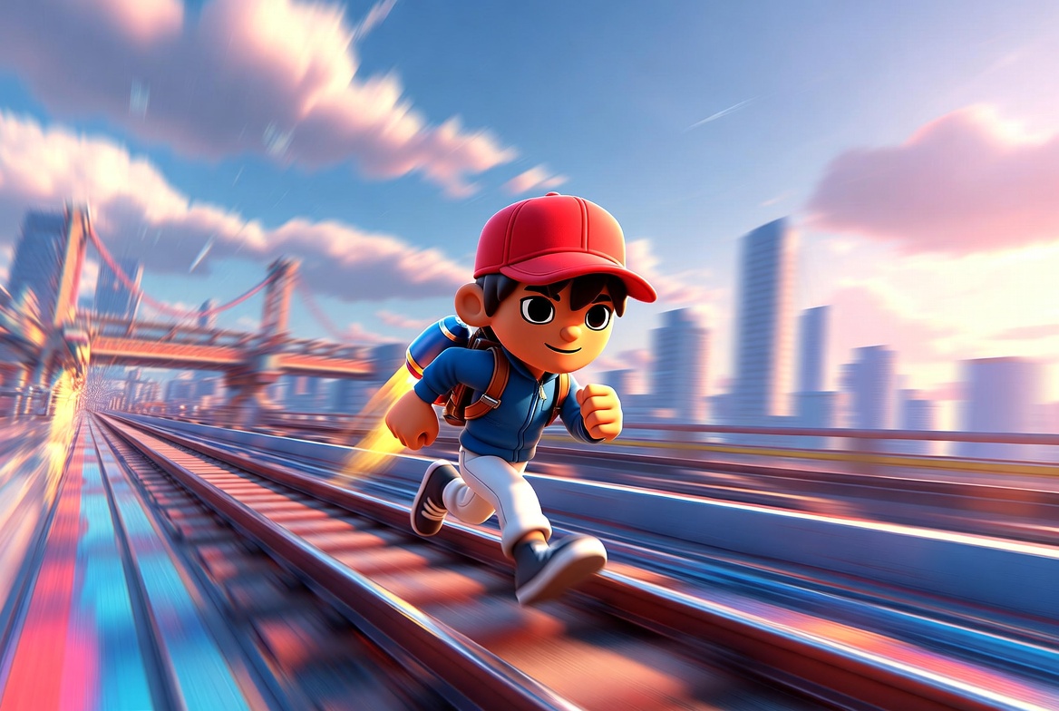 Subway Surfers gameplay screenshot showing Jake running on colorful train tracks in 2026