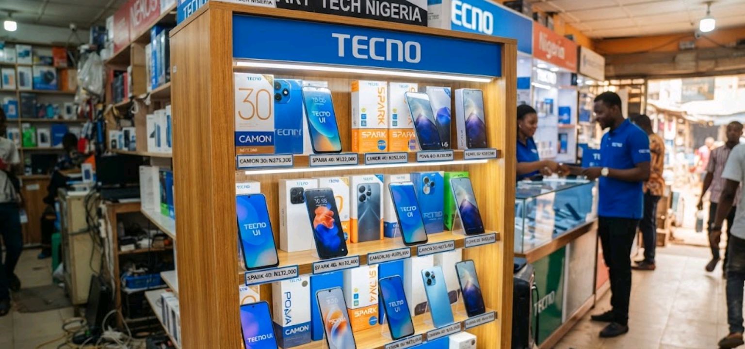 TECNO smartphones displayed on a store shelf in Nigeria