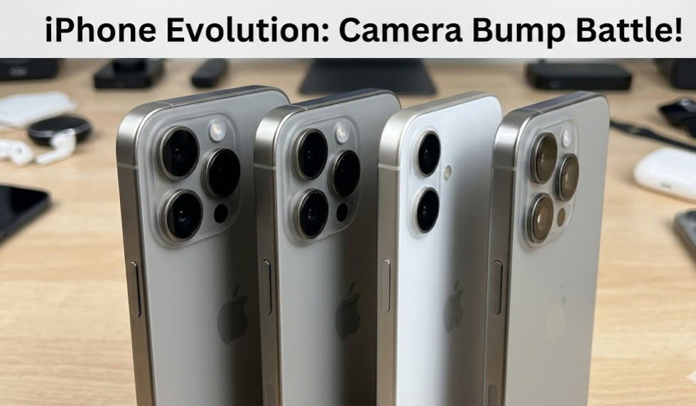 iPhone 17 Pro Max, iPhone 16 Pro, iPhone 16, and iPhone 15 Pro lined up showing camera systems