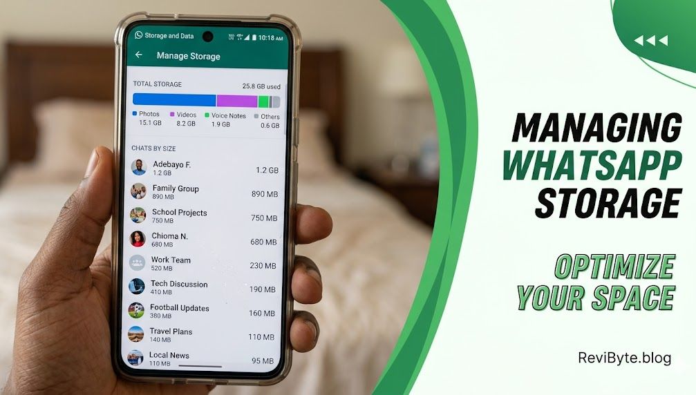 WhatsApp Manage Storage screen showing chats ranked by size