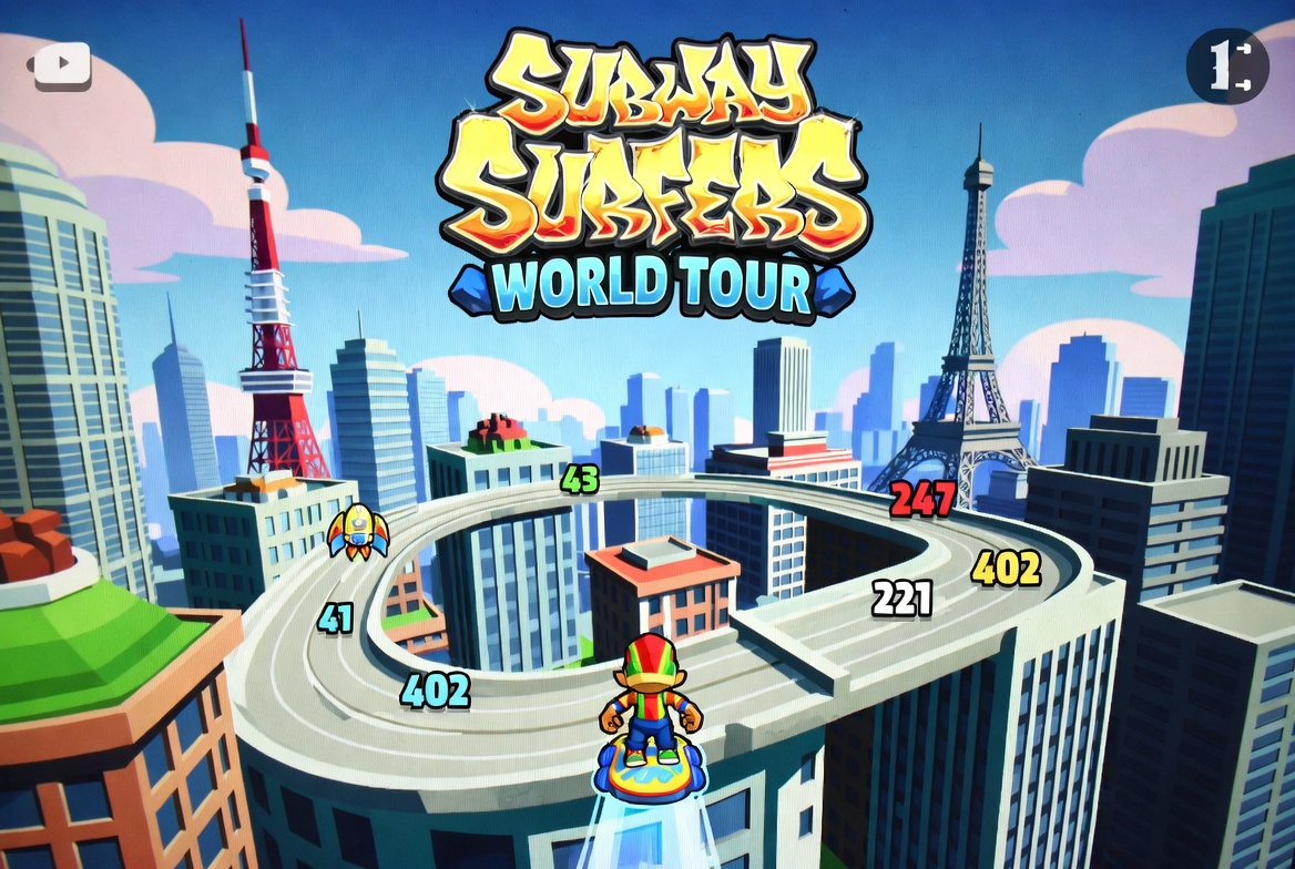 Subway Surfers World Tour 2026 gameplay showing vibrant city theme with Jake character and power-ups