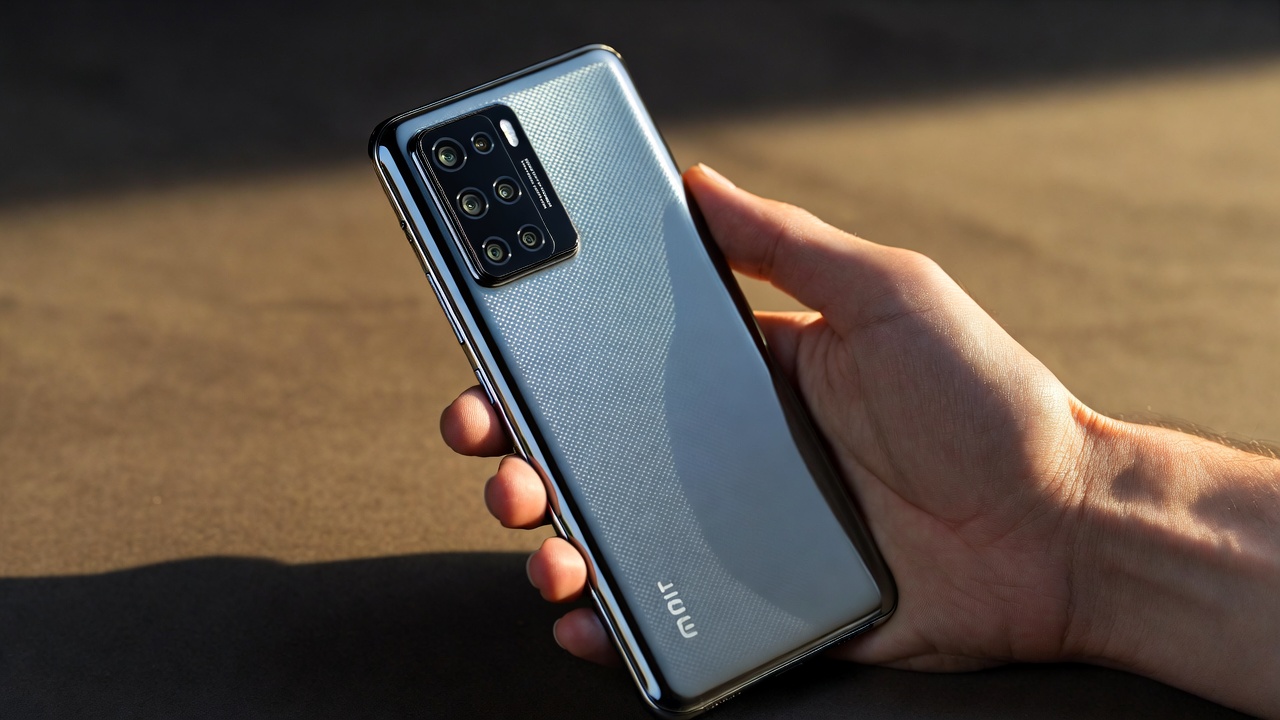 A hand gripping a Xiaomi flagship smartphone from behind — the camera island, polished metal frame, and textured glass back panel visible under warm directional lighting that shows the device's build quality