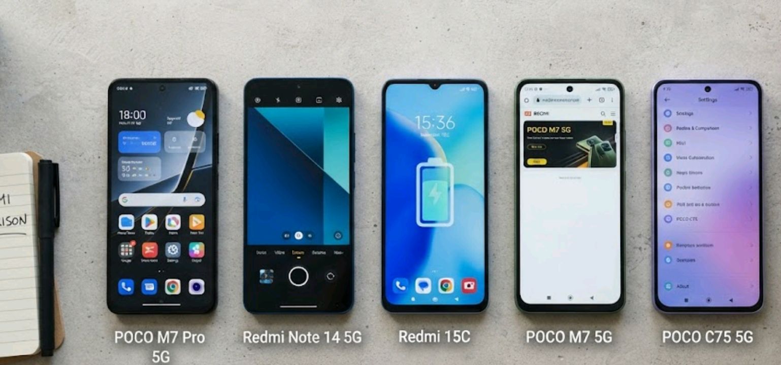Five budget Xiaomi, Redmi, and POCO smartphones under $250 arranged side by side