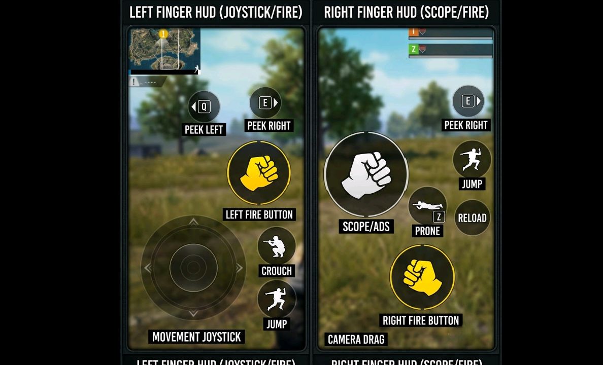 Close-up of left and right control zones — fire, scope, crouch, and peek button placement