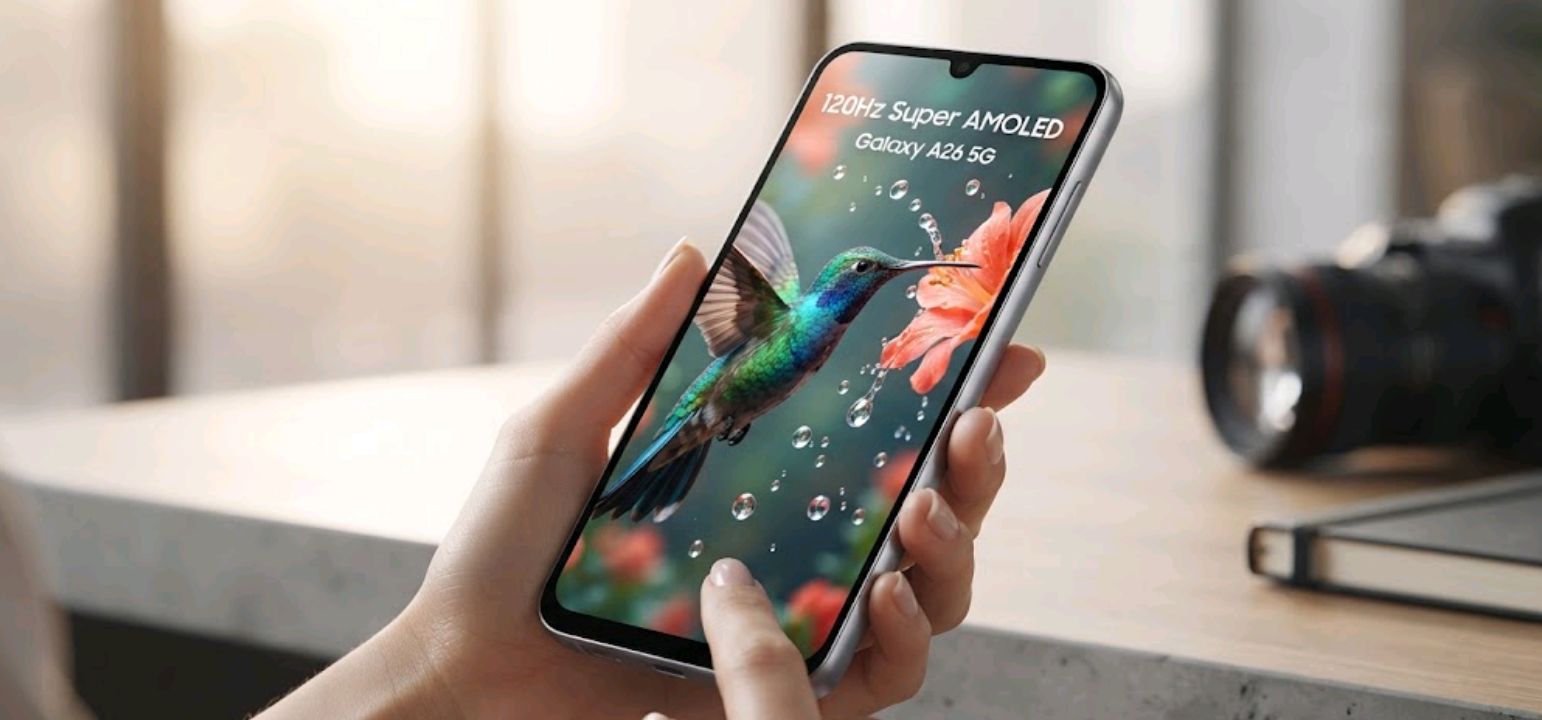 Samsung Galaxy A26 5G held in hand showing the display