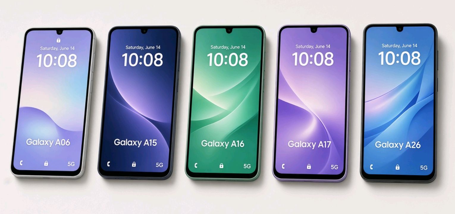 Samsung Galaxy A-series 5G phones lined up side by side