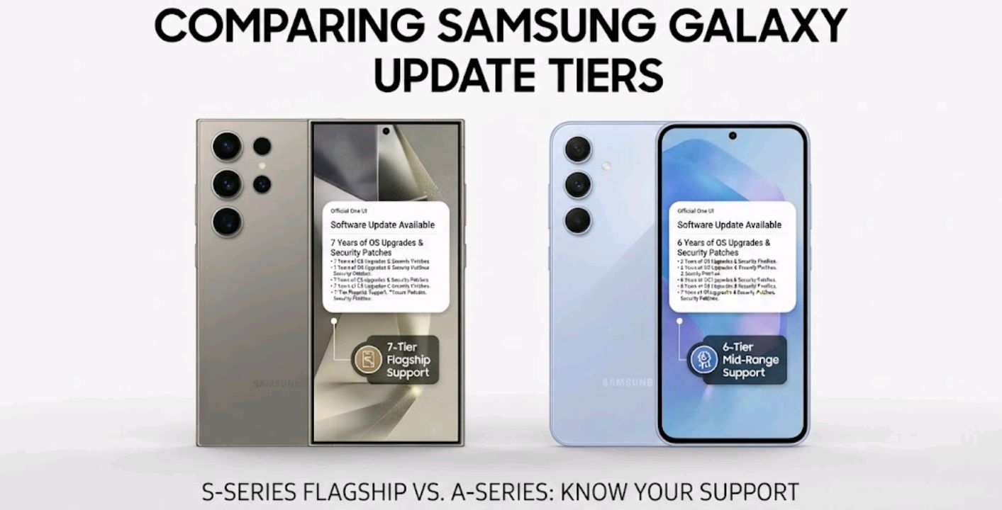 Samsung Galaxy S series and A series phones side by side comparing update tiers