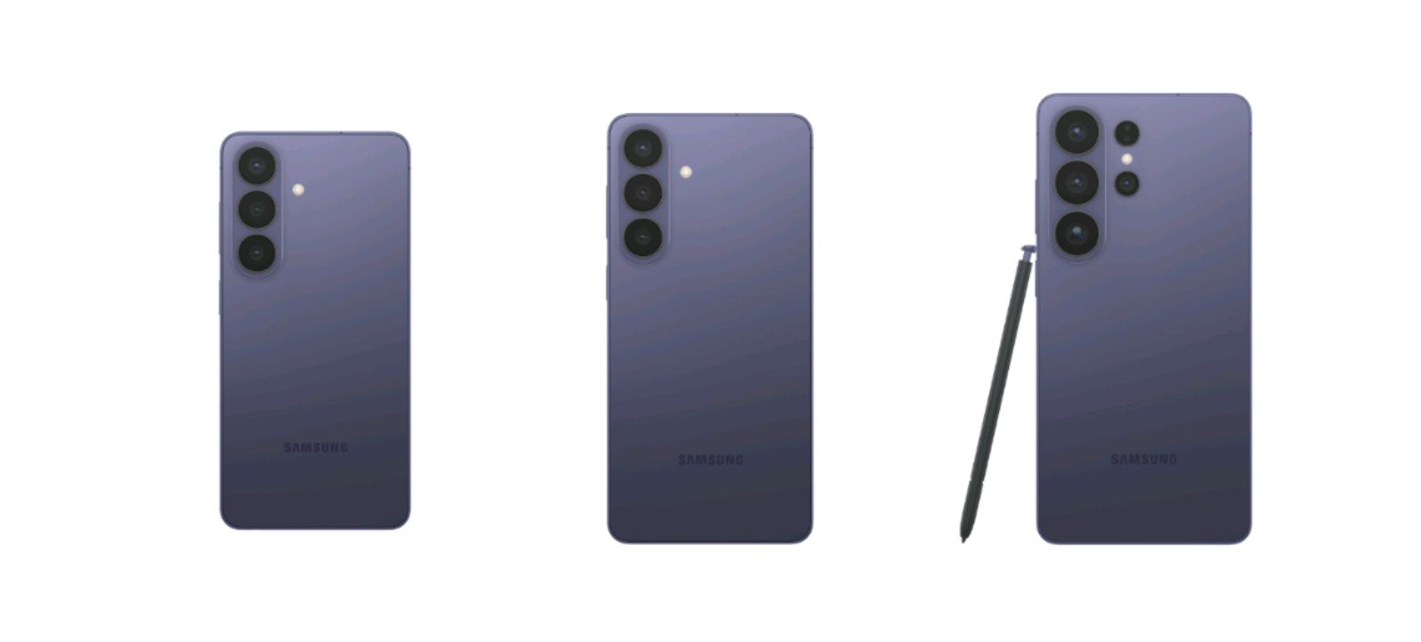Samsung Galaxy S26 lineup shown side by side with a battery icon on screen