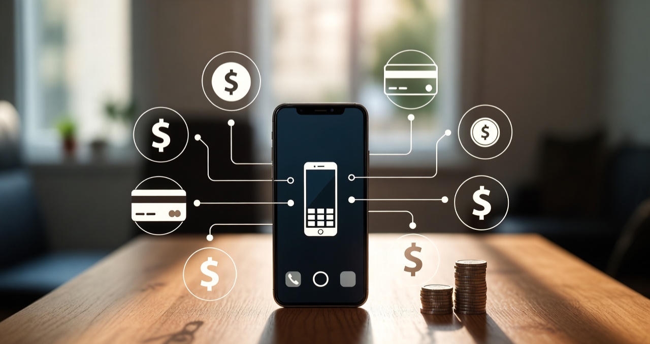 Smartphone shown with monthly payment icons and contracts