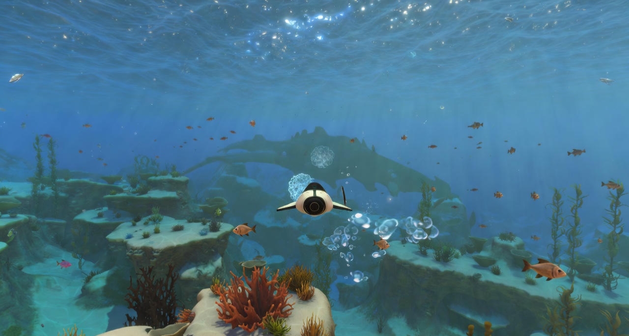 Subnautica underwater scene with leviathan silhouette