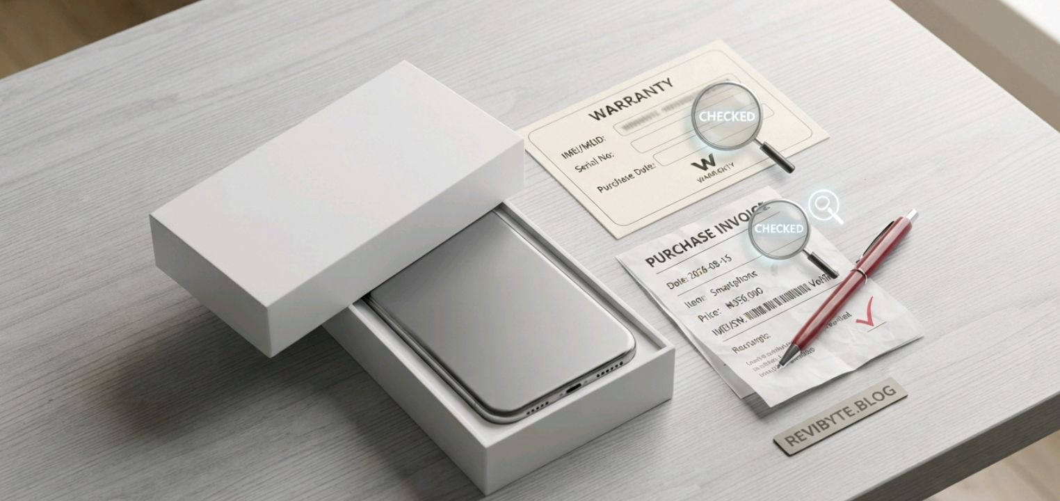 flat-lay graphic of a phone, receipt, and warranty card, illustrating what to check before buying