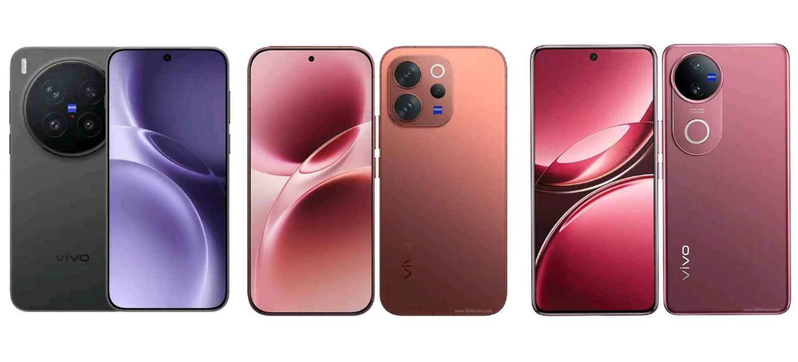 vivo X300 Pro, V70 Elite, and V50 smartphones arranged together, representing vivo's 2026 lineup