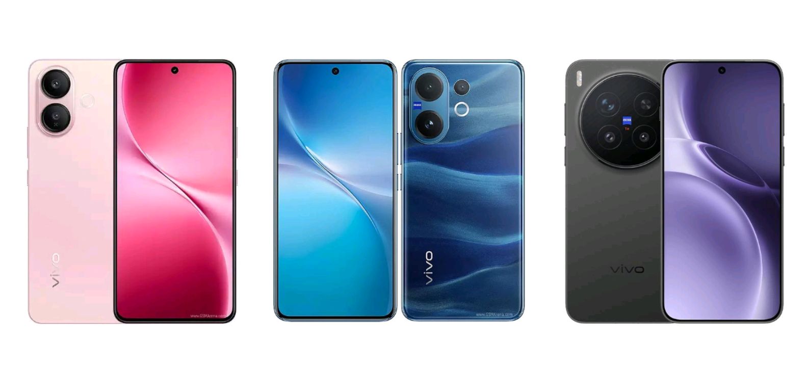 Four vivo phones lined up on a table showing their back panels, representing a battery life comparison