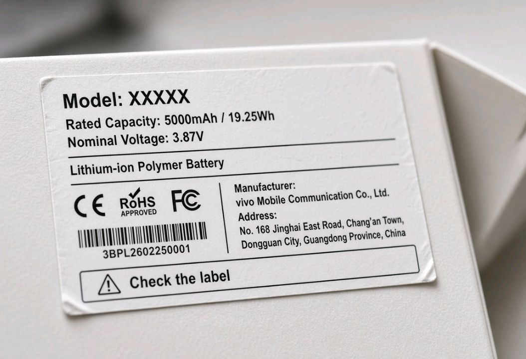 Close-up of a vivo phone's battery specification sticker inside the retail box