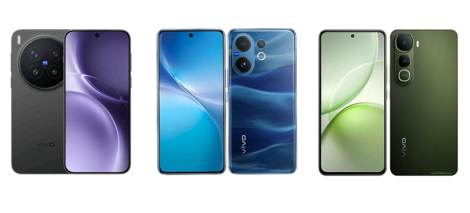 vivo X300 Pro, V60, and Y400 smartphones compared side by side on a table
