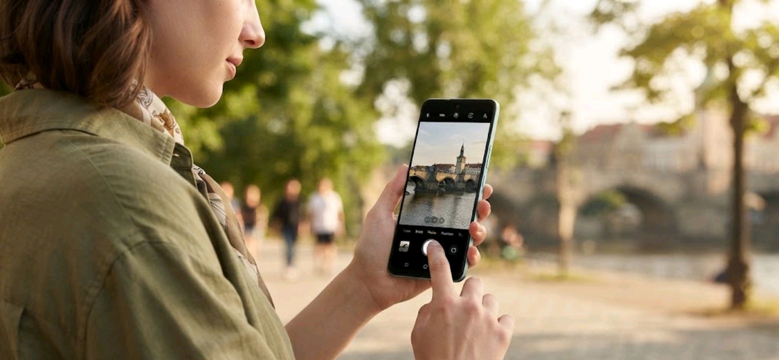 A person holding a smartphone outdoors, checking its camera app