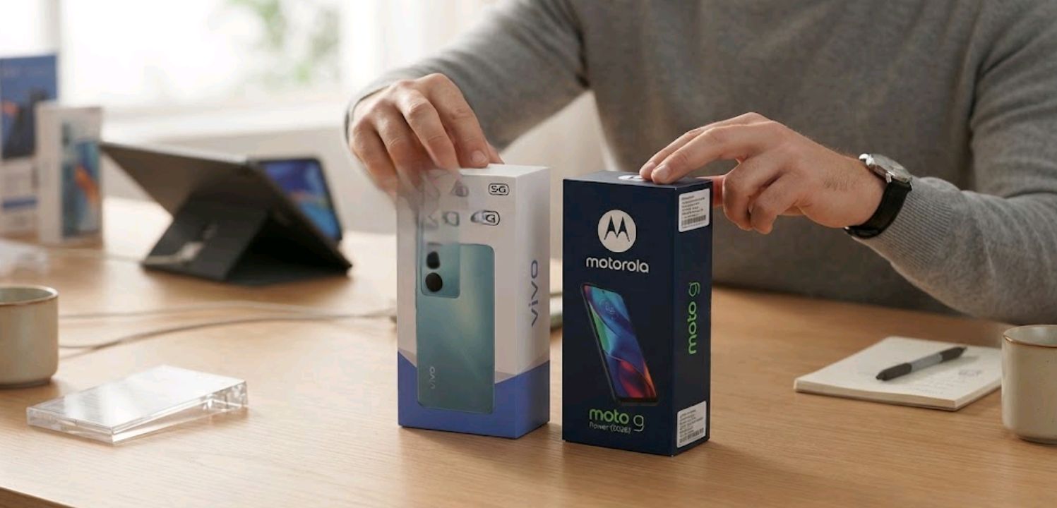Someone comparing two smartphone boxes on a table while shopping