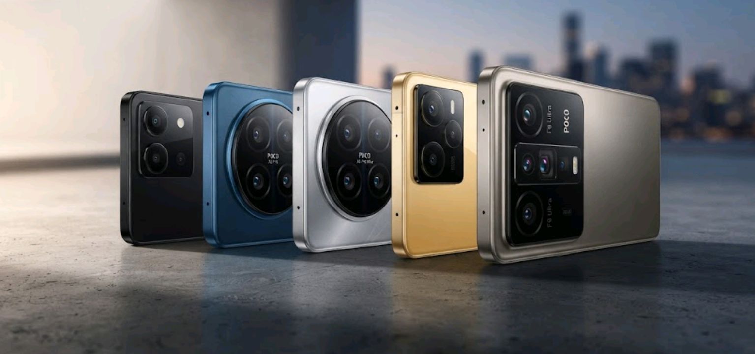 Five Poco smartphones arranged to show their rear camera modules