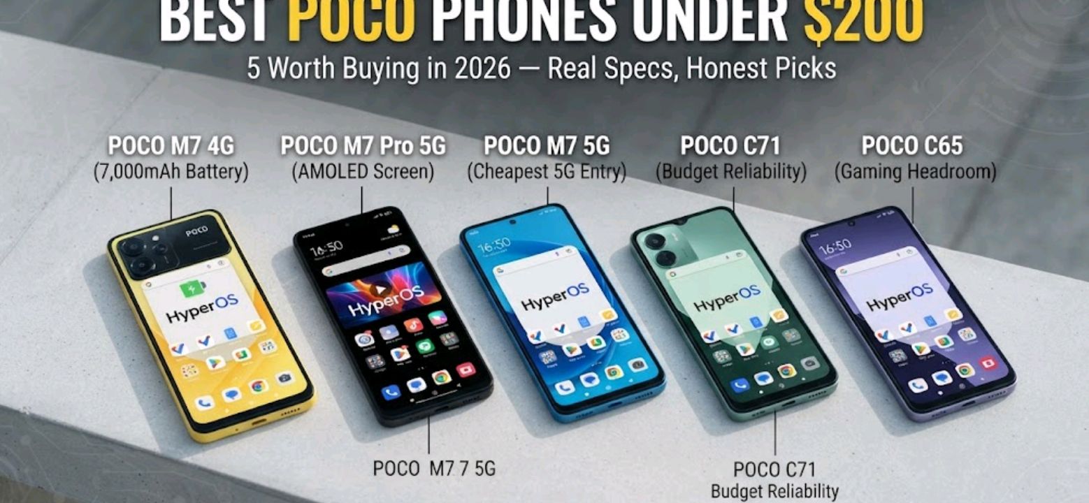 Five POCO smartphones under $200 lined up side by side showing their rear camera modules