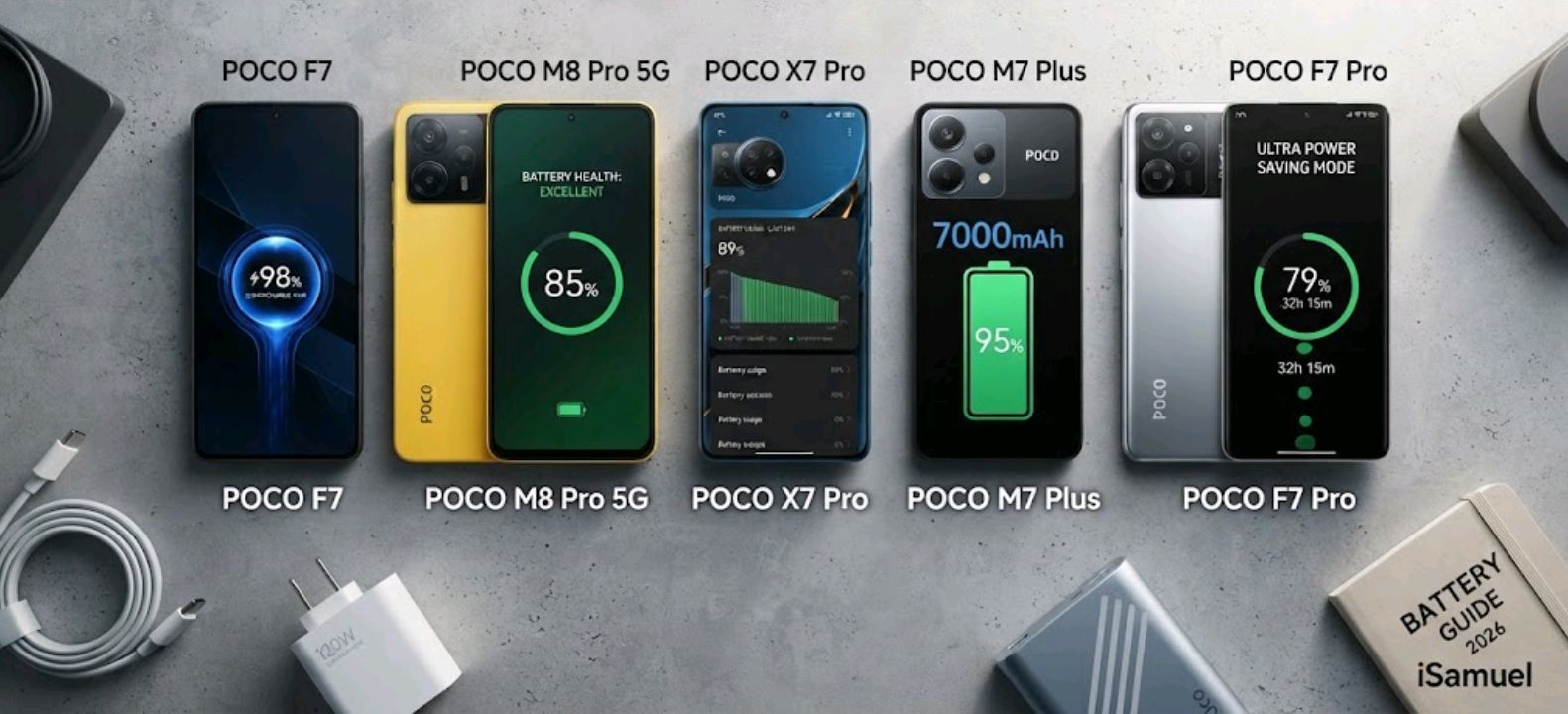 Five POCO smartphones lined up on a table showing their screens and battery percentages