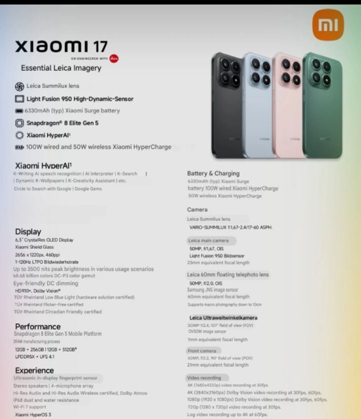 Xiaomi 17 global 6,330mAh battery specification