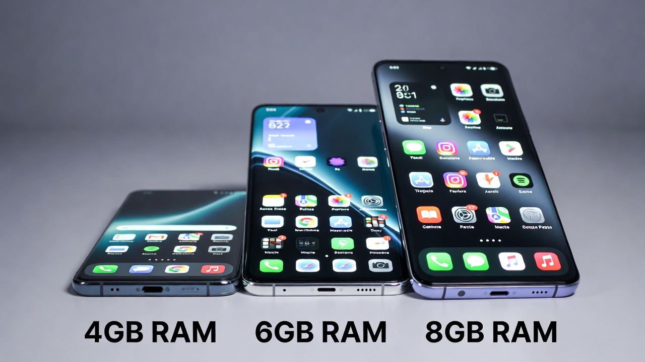 Modern smartphones stacked together showing performance differences by RAM size