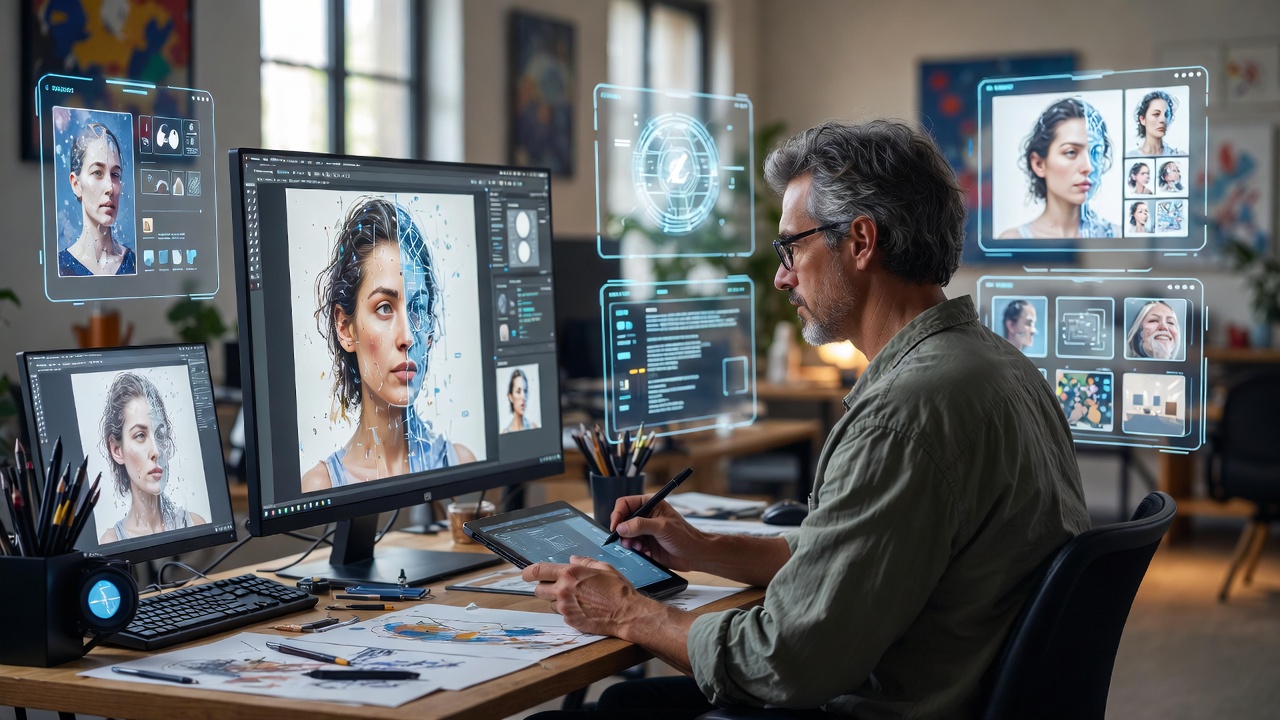Image: An artist at a digital tablet working alongside floating holographic AI suggestions, with their collaborative artwork emerging as a blend of human sketches and AI-generated elements on a large screen