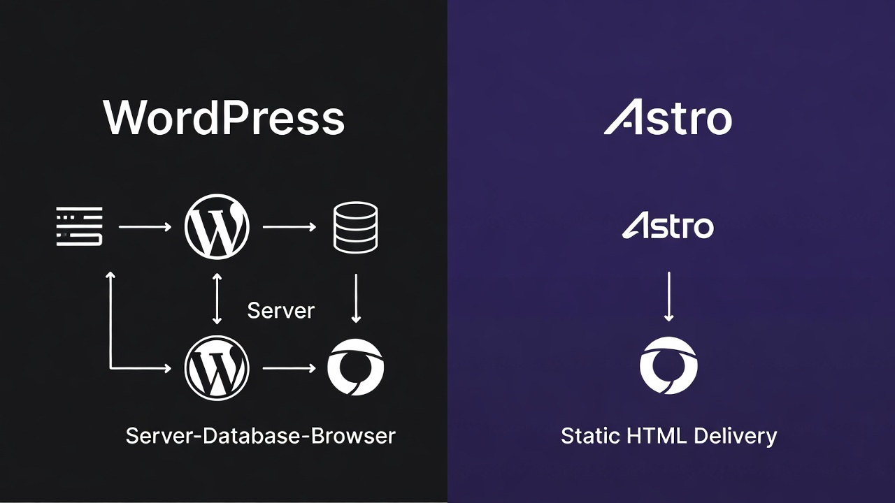 Comparison diagram showing WordPress dynamic rendering vs Astro static generation