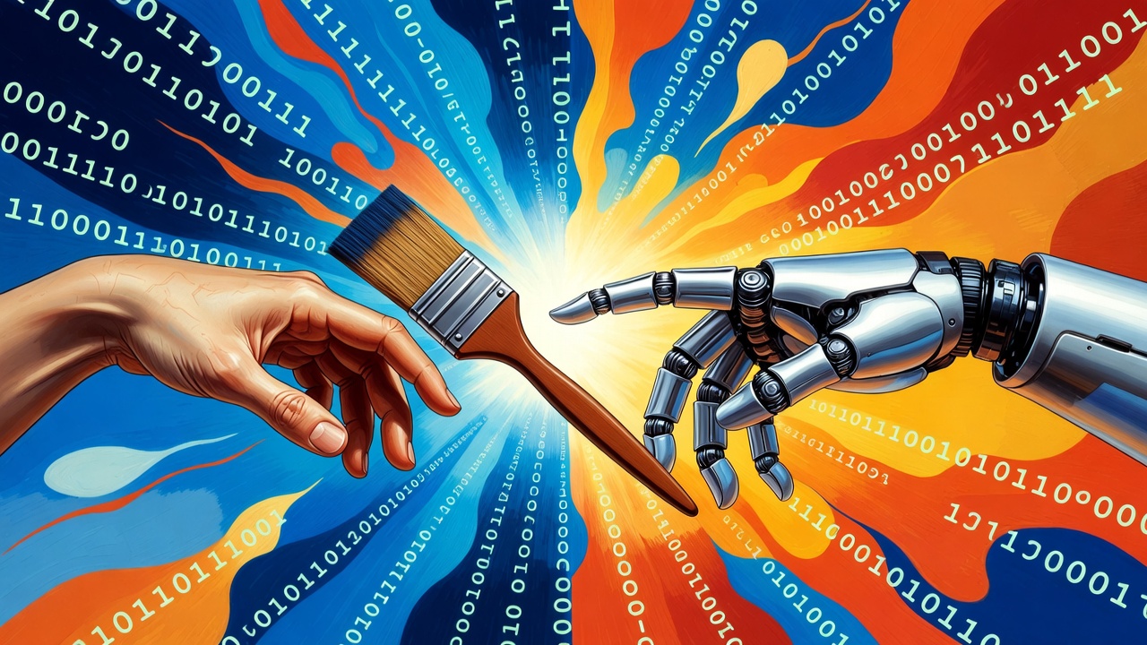 Creative collaboration between human hand and robotic hand with paintbrush