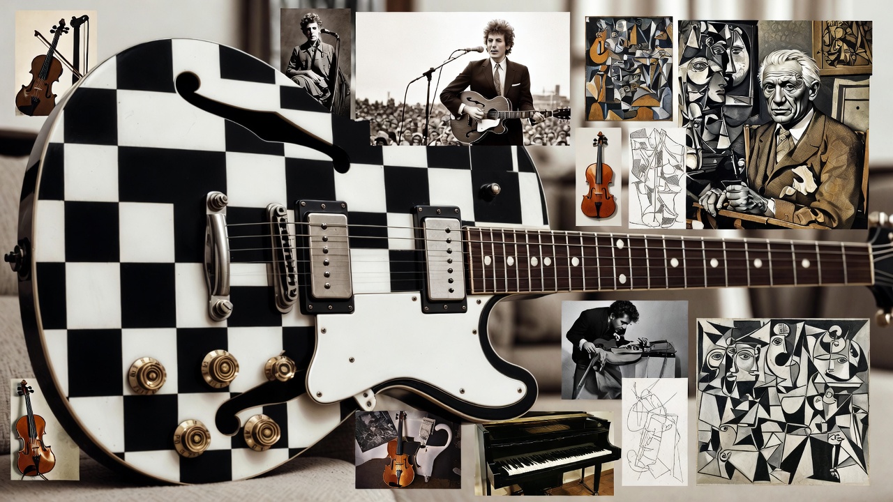 Image: A vintage photograph collage showing iconic creative moments—Dylan with his electric guitar, Picasso in his studio, and fragments of their influences overlapping in an artistic montage