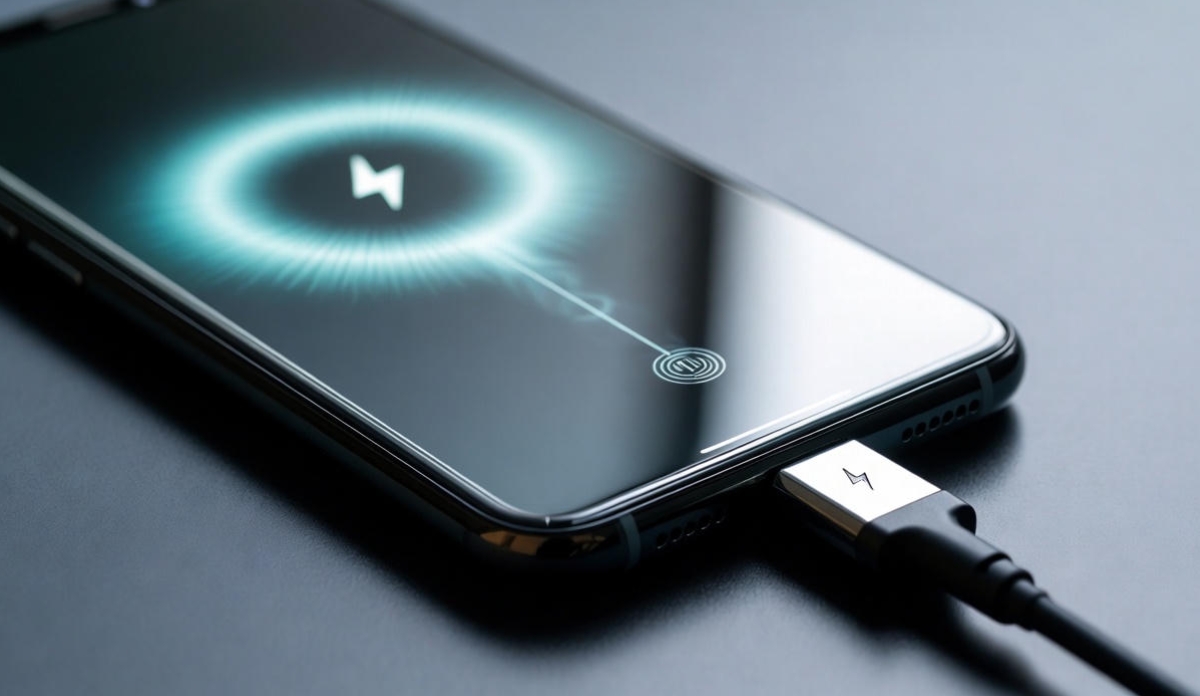 Close-up editorial image of a modern smartphone connected to a USB-C fast charger, with subtle visual cues of power flow and heat dissipation