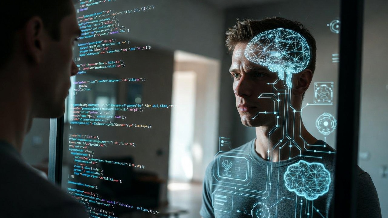 Image: A contemplative person sitting in front of a mirror, but their reflection shows lines of code and neural network patterns, symbolizing the intersection of human consciousness and artificial intelligence