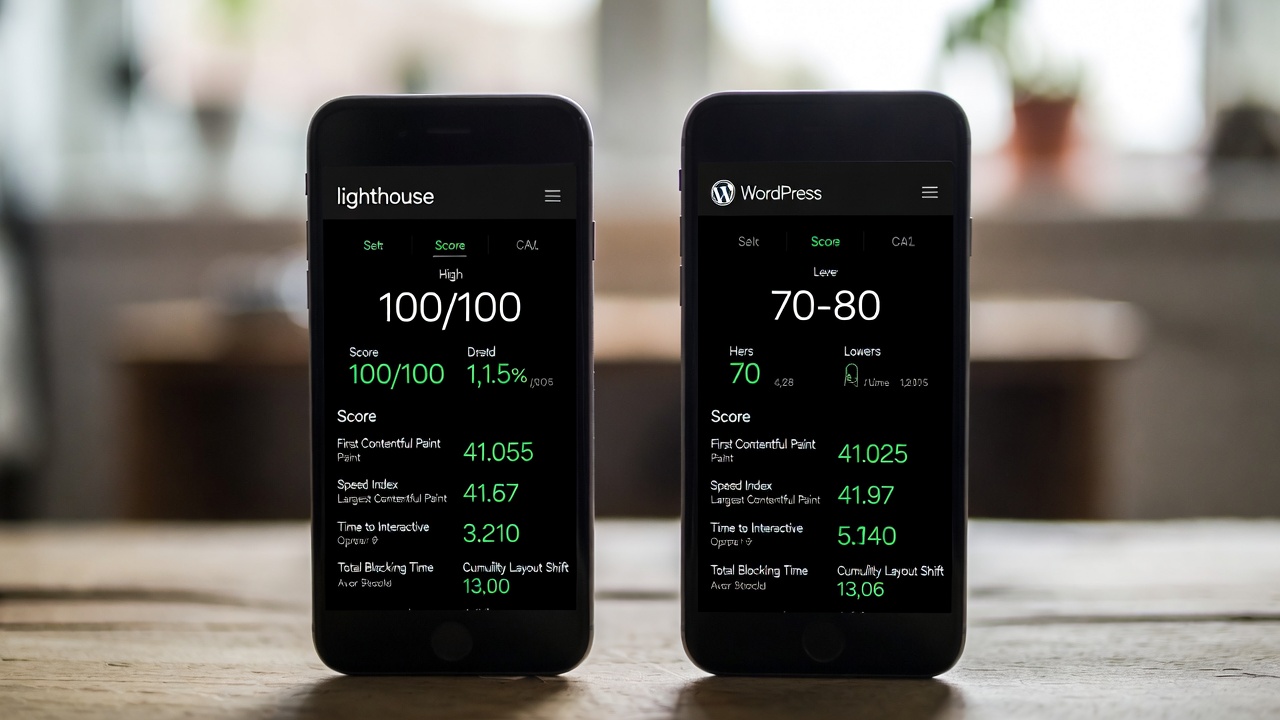 Lighthouse performance score comparison showing Astro vs WordPress metrics