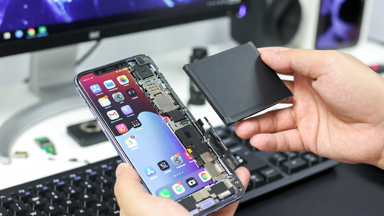 Modern smartphone with removable battery being swapped out, showing the battery compartment and spare battery