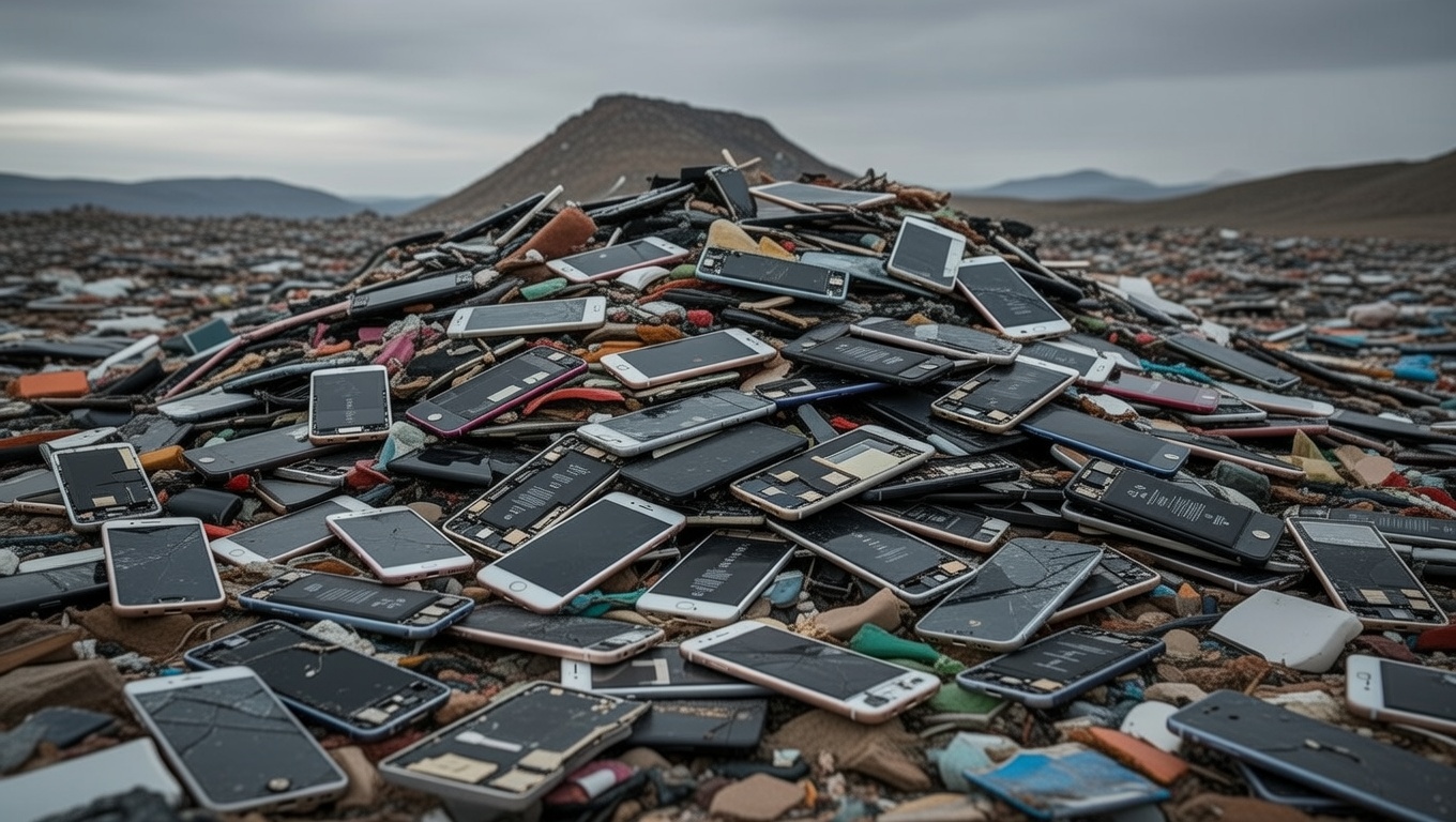 Mountains of electronic waste with discarded smartphones highlighting the e-waste crisis